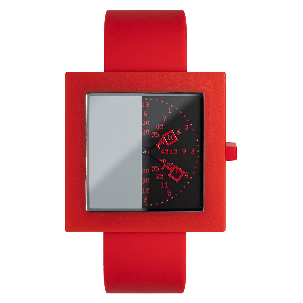 Nouns watch red Case: TR90 thermoplastic. Incredibly durable, flexible, and lightweight.  Sizes: Square 42 mm x 42 mm x 6 mm thickness Movement: Japanese Miyota GL22 Dial: Special Mysterious time display, black Glass: Sapphire with anti-reflective coating  Strap: 22mm Silicone